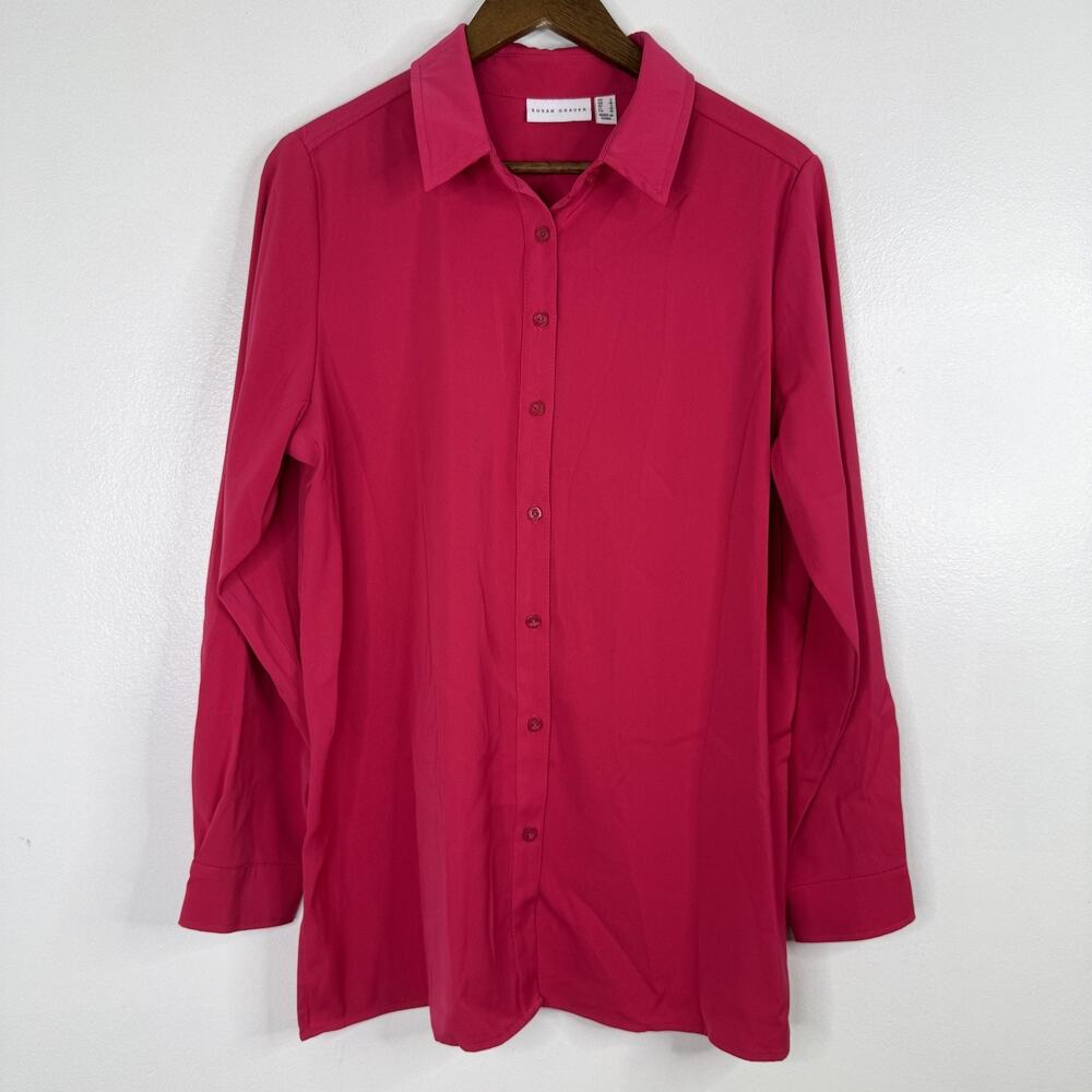 Susan Graver Top Womens Small Pink Button Up Collared Long Sleeve Tunic Shirt